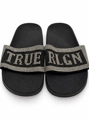 True Religion Jasmin Rhinestone Logo Black Slide Sandals Women’s Size 7